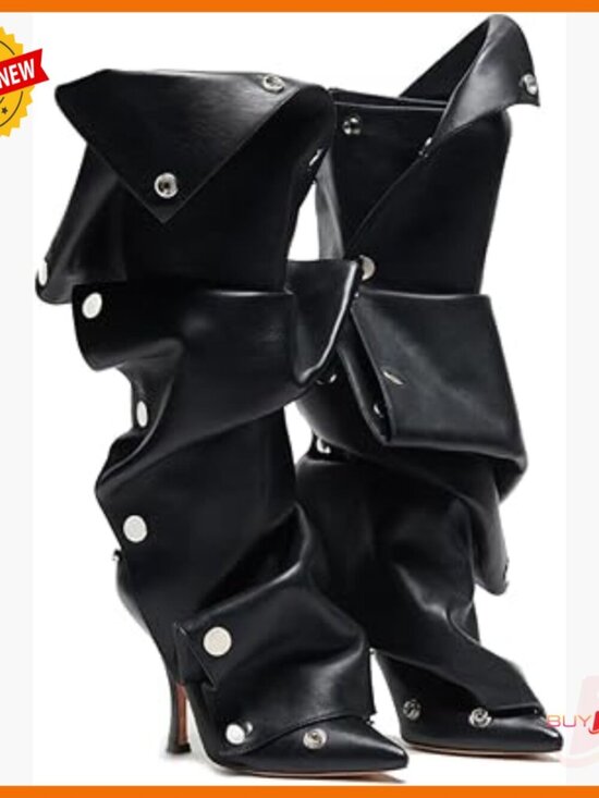 Shoes - Knee High Stiletto Boots Wide Calf Pointed Toe Slouchy Detachable Panel